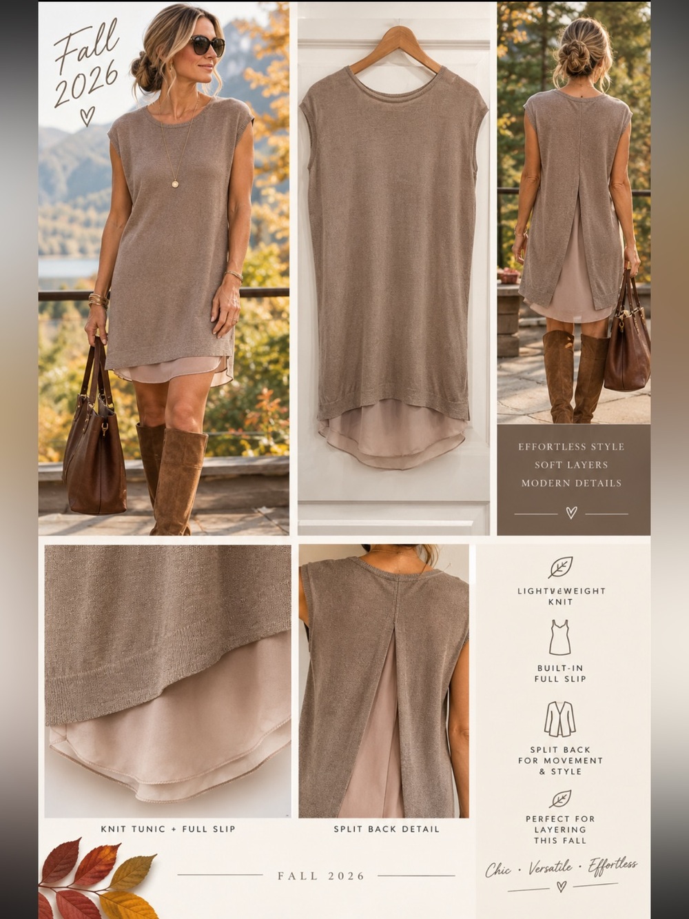 OAK + FORT Taupe Lightweight Knit Tunic Dress with Self Lining